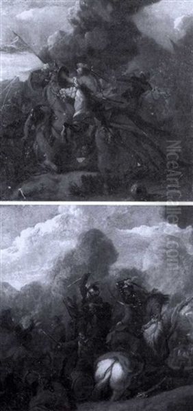 Comrades In Battle (+ The Attack; 2 Works) Oil Painting by or Huchtenburgh, Jan van Huchtenberg