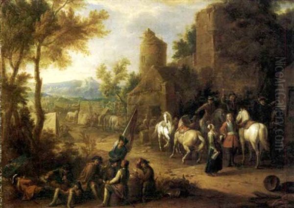 Sosta Di Cavalieri E Soldati Presso Un Casolare Oil Painting by or Huchtenburgh, Jan van Huchtenberg