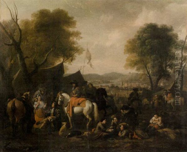 Soldiers And Horsemen Resting In A Military Encampment Oil Painting by or Huchtenburgh, Jan van Huchtenberg
