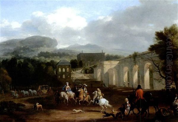 Vor Der Jagd - Vornehme Gesellschaft Mit Pferden Und Hunden, Im Hintergrund Eine Italienische Villa Oil Painting by or Huchtenburgh, Jan van Huchtenberg