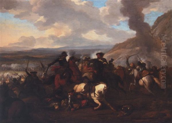 A Cavalry Engagement In A Landscape Oil Painting by or Huchtenburgh, Jan van Huchtenberg