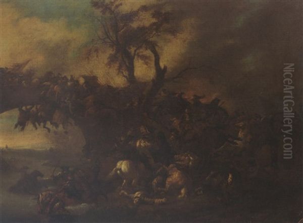 A Cavalry Battle Scene Near A Bridge Oil Painting by or Huchtenburgh, Jan van Huchtenberg