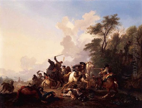A Cavalry Skirmish In A Wooded Landscape Oil Painting by or Huchtenburgh, Jan van Huchtenberg