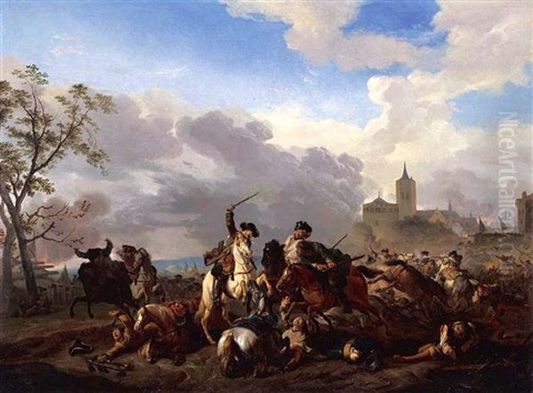 A Battle Scene With Cavalry Skirmishing Before A Walled Town Oil Painting by or Huchtenburgh, Jan van Huchtenberg