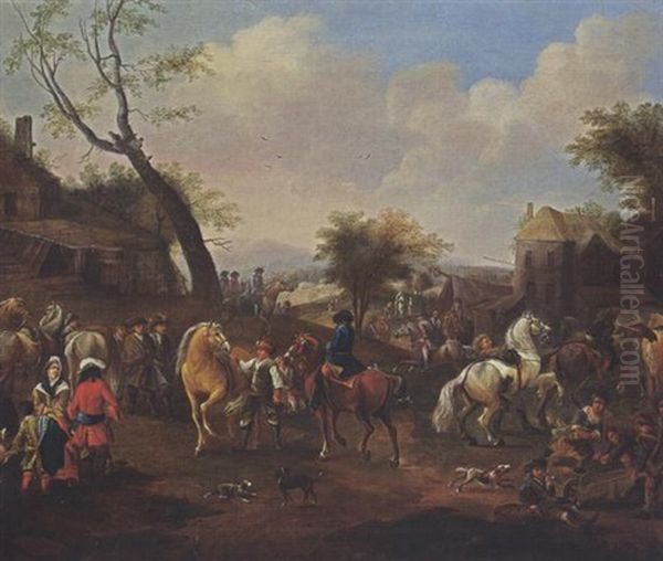 Horsemen Together With Other Horses And Soldiers In A Village, Children Playing In The Foreground Oil Painting by or Huchtenburgh, Jan van Huchtenberg