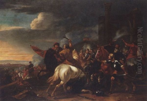 A Calvary Skirmish Before Ruins Oil Painting by or Huchtenburgh, Jan van Huchtenberg