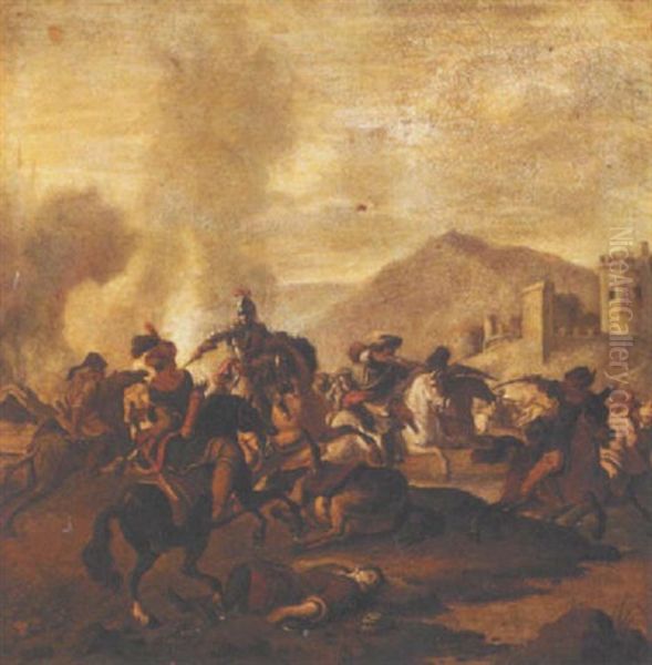 A Cavalry Engagement, Between Turks And Christians, Before A Fortified Town Oil Painting by or Huchtenburgh, Jan van Huchtenberg