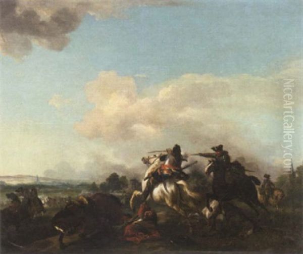 A Cavalry Battle On The Outskirts Of A Village Oil Painting by or Huchtenburgh, Jan van Huchtenberg