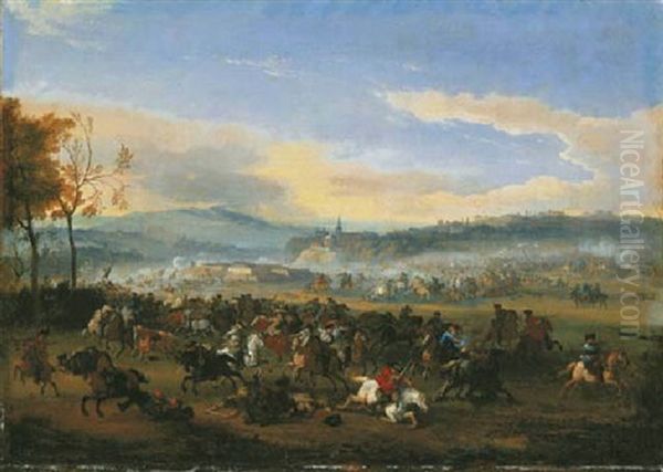 A Cavalry Battle With A Fortress Under Siege Beyond Oil Painting by or Huchtenburgh, Jan van Huchtenberg