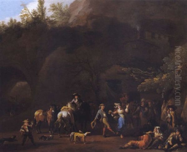 Frohliche, Musizierende Und Tanzende Gesellschaft In Einer Felsigen Waldlandschaft Oil Painting by or Huchtenburgh, Jan van Huchtenberg