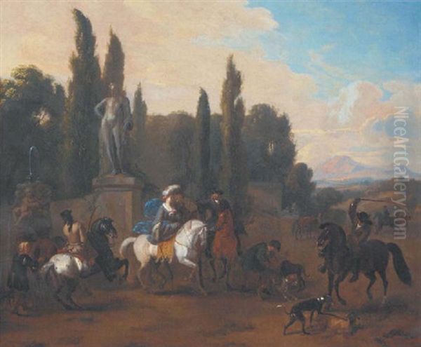 An Italianate Landscape With A Hunting Company At Rest By A Fountain Oil Painting by or Huchtenburgh, Jan van Huchtenberg