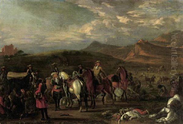 Monks Tending Wounded Soldiers On A Battlefield Oil Painting by or Huchtenburgh, Jan van Huchtenberg