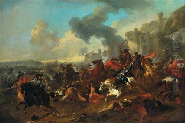A Cavalry Engagement Before A Fortified Town Oil Painting by or Huchtenburgh, Jan van Huchtenberg