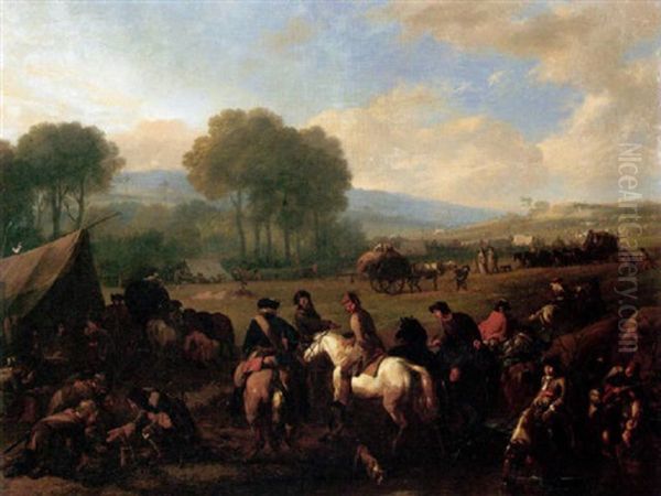A Military Encampment In An Open Landscape With Cavaliers Conversing By A Pool Oil Painting by or Huchtenburgh, Jan van Huchtenberg
