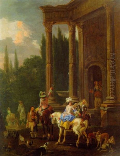 Landschaft Mit Reitergesellschaft Oil Painting by or Huchtenburgh, Jan van Huchtenberg