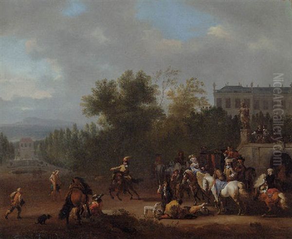 Elegant Travellers About To Set Out From A Mansion, A Riding School Nearby Oil Painting by or Huchtenburgh, Jan van Huchtenberg
