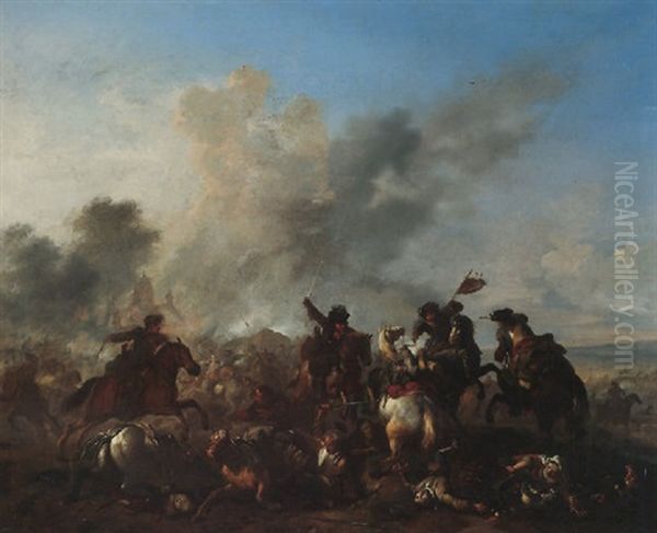 A Cavalry Engagement Before A Burning Church Oil Painting by or Huchtenburgh, Jan van Huchtenberg