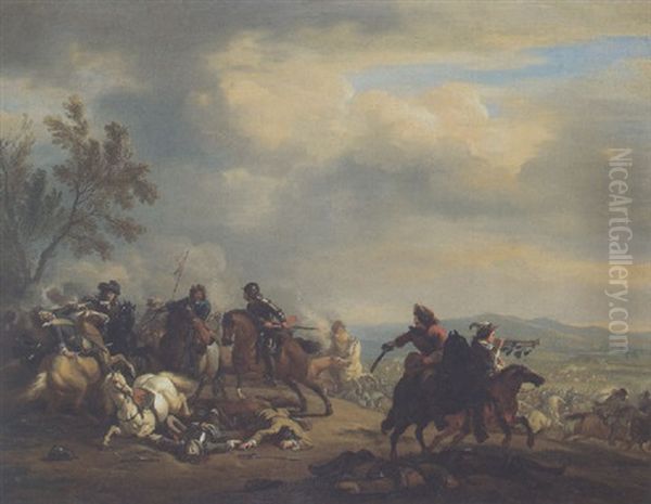 Reitergefecht In Einer Weiten Landschaft Oil Painting by or Huchtenburgh, Jan van Huchtenberg