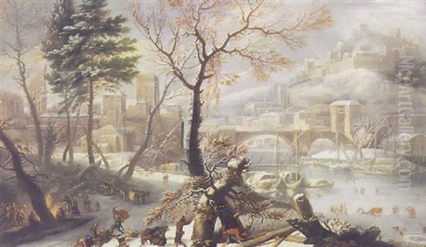 Verona Con L'adige Ghiacciato E Figure: Persone Che Si Riscaldano Al Fuoco E Uomo Che Scaccia Dei Cinghiali Oil Painting by or Huchtenburgh, Jan van Huchtenberg