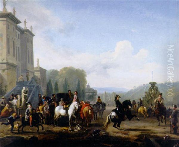 A Hunting Party By A Fountain Outside A Mansion Oil Painting by or Huchtenburgh, Jan van Huchtenberg