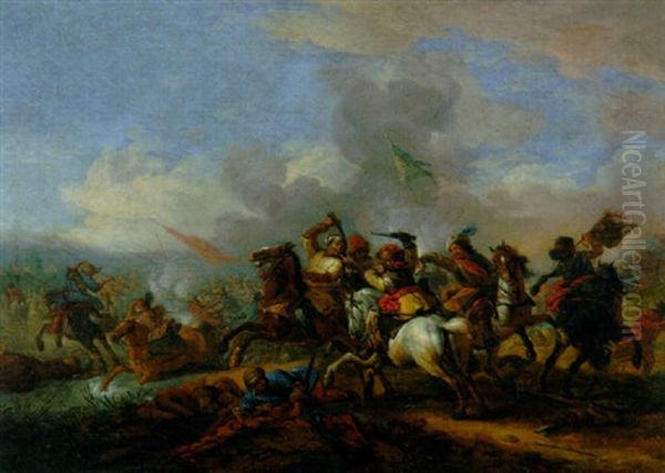A Cavalry Battle Between Christians And Turks Oil Painting by or Huchtenburgh, Jan van Huchtenberg