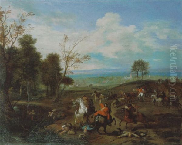 Uberfall In Einer Bewaldeten Landschaft Oil Painting by or Huchtenburgh, Jan van Huchtenberg