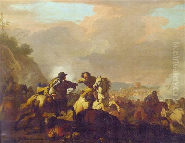 A Cavalry Engagement Oil Painting by or Huchtenburgh, Jan van Huchtenberg