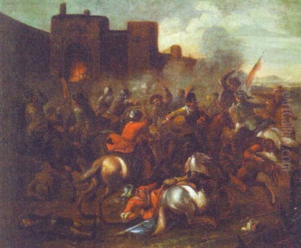 A Cavalry Battle By A Fortress Oil Painting by or Huchtenburgh, Jan van Huchtenberg