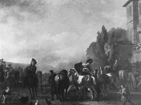 Berittene Jagdgesellschaft Vor Einem Schlos Oil Painting by or Huchtenburgh, Jan van Huchtenberg