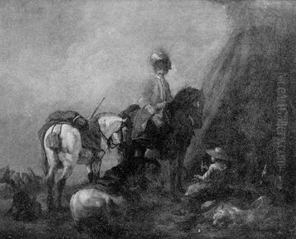 A Mounted Cavalry Officer By A Tent Oil Painting by or Huchtenburgh, Jan van Huchtenberg