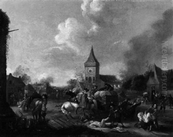 Soldaten Plundern Das Dorf Oil Painting by or Huchtenburgh, Jan van Huchtenberg