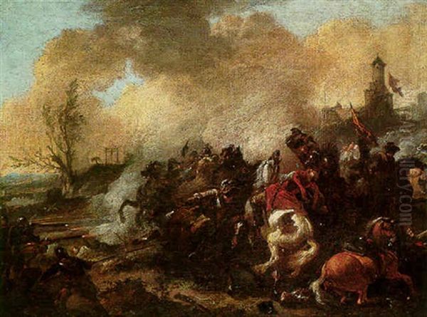 A Cavalry Skirmish Before The Walls Of A Fortified Town Oil Painting by or Huchtenburgh, Jan van Huchtenberg