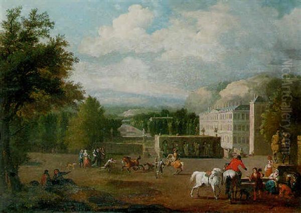 A View Of A Country Mansion With A Riding School, A Traveller At A Fountain In The Foreground Oil Painting by or Huchtenburgh, Jan van Huchtenberg