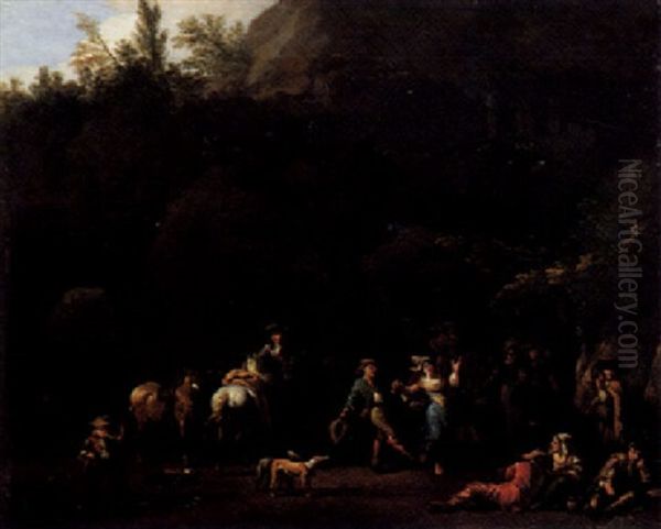 A Cavernous Landscape With Horsemen And Peasants Resting, A Boy Blowing A Horn And A Couple Dancing Oil Painting by or Huchtenburgh, Jan van Huchtenberg