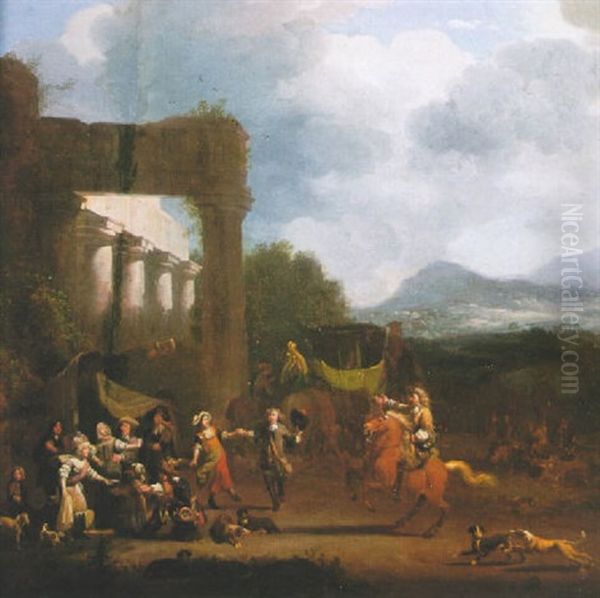 An Elegant Company Merrymaking By A Classical Ruin, With A Coach And Horses Beyond Oil Painting by or Huchtenburgh, Jan van Huchtenberg