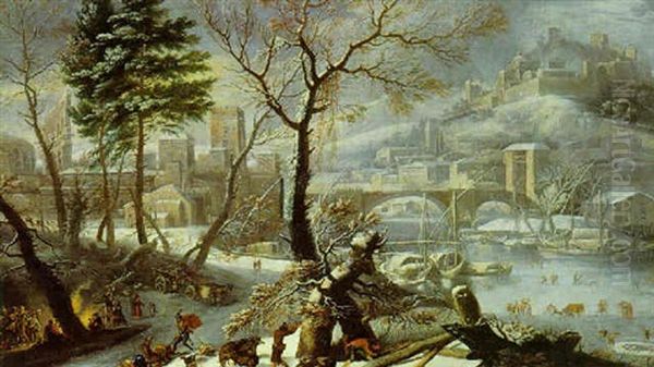 Veduta De Verona Con L'adige Ghiacciato Oil Painting by or Huchtenburgh, Jan van Huchtenberg