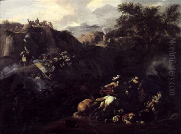 Bjergrik Egn Med Krigere I Kamp Oil Painting by or Huchtenburgh, Jan van Huchtenberg