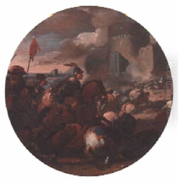 A Cavalry Battle Near A Castle Oil Painting by or Huchtenburgh, Jan van Huchtenberg