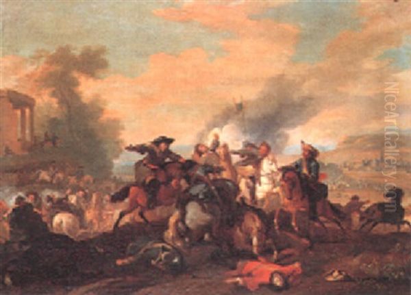 Cavalry Skirmish With A Fortified Town On A Plain Oil Painting by or Huchtenburgh, Jan van Huchtenberg