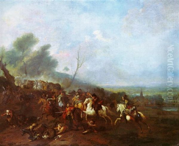 A Cavalry Skirmish On A Country Road, A Village In A Valley Beyond Oil Painting by or Huchtenburgh, Jan van Huchtenberg