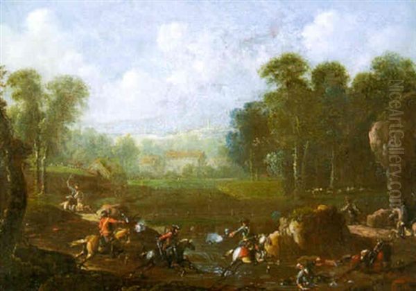 Landschap Met Strijdende Ruiters Oil Painting by or Huchtenburgh, Jan van Huchtenberg