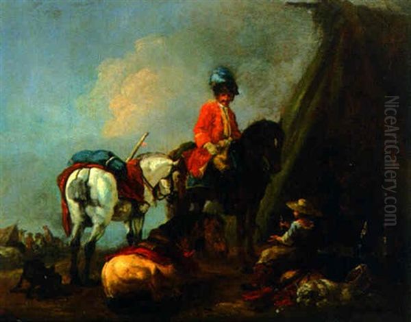 A Cavalry Officer Conversing With A Peasant Girl Outside A Tent Oil Painting by or Huchtenburgh, Jan van Huchtenberg