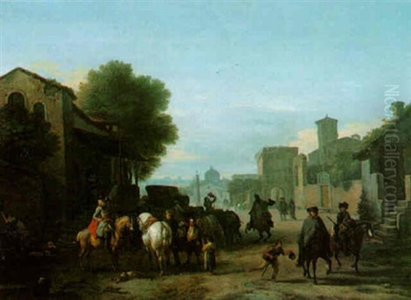 Italianate Landscape With Travellers In A Square Oil Painting by or Huchtenburgh, Jan van Huchtenberg