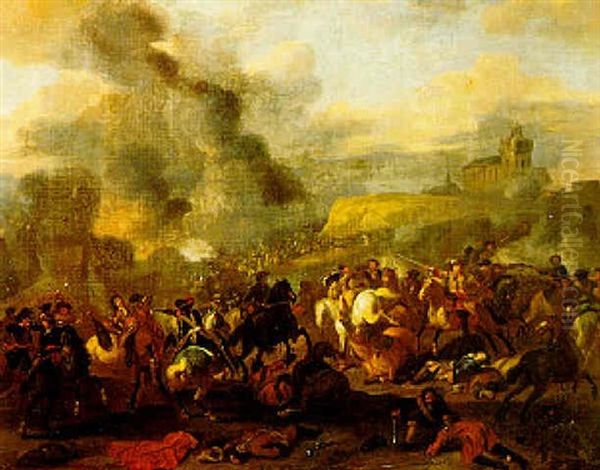A Cavalry Battle Near Dinant Oil Painting by or Huchtenburgh, Jan van Huchtenberg