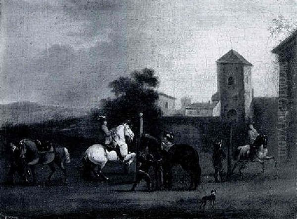 A Riding School Before A Walled Town Oil Painting by or Huchtenburgh, Jan van Huchtenberg