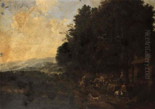 A Hawking Party At Rest By A Water Trough In A Wooded Landscape Oil Painting by or Huchtenburgh, Jan van Huchtenberg