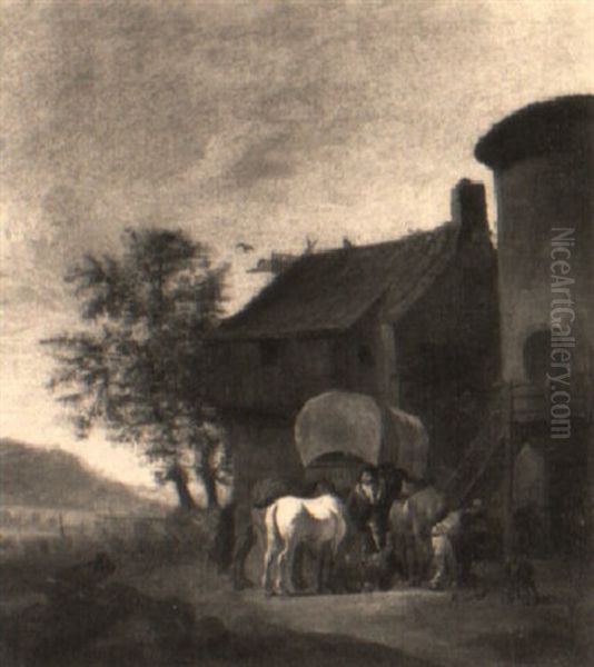 A Traveller With A Waggon At A Forge Oil Painting by or Huchtenburgh, Jan van Huchtenberg