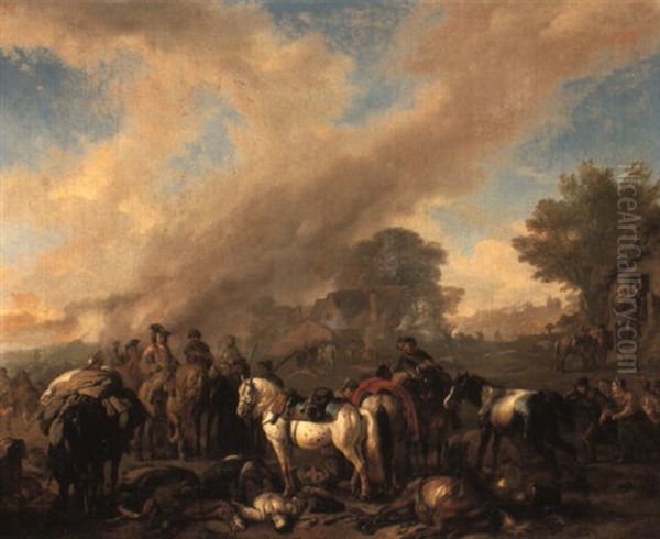 Soldiers Sacking A Village Oil Painting by or Huchtenburgh, Jan van Huchtenberg