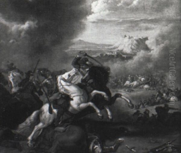 Military Battle With Extensive Landscape In The Distance Oil Painting by or Huchtenburgh, Jan van Huchtenberg