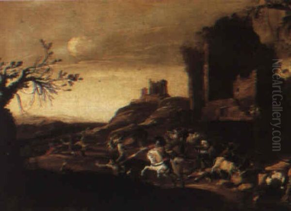 Cavalry Engagement Beside Ruins Oil Painting by or Huchtenburgh, Jan van Huchtenberg